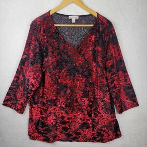 2X Knit Top V Neck Red Black Velvet Burnout Pullover Ruffle 3/4 Sleeves Holiday